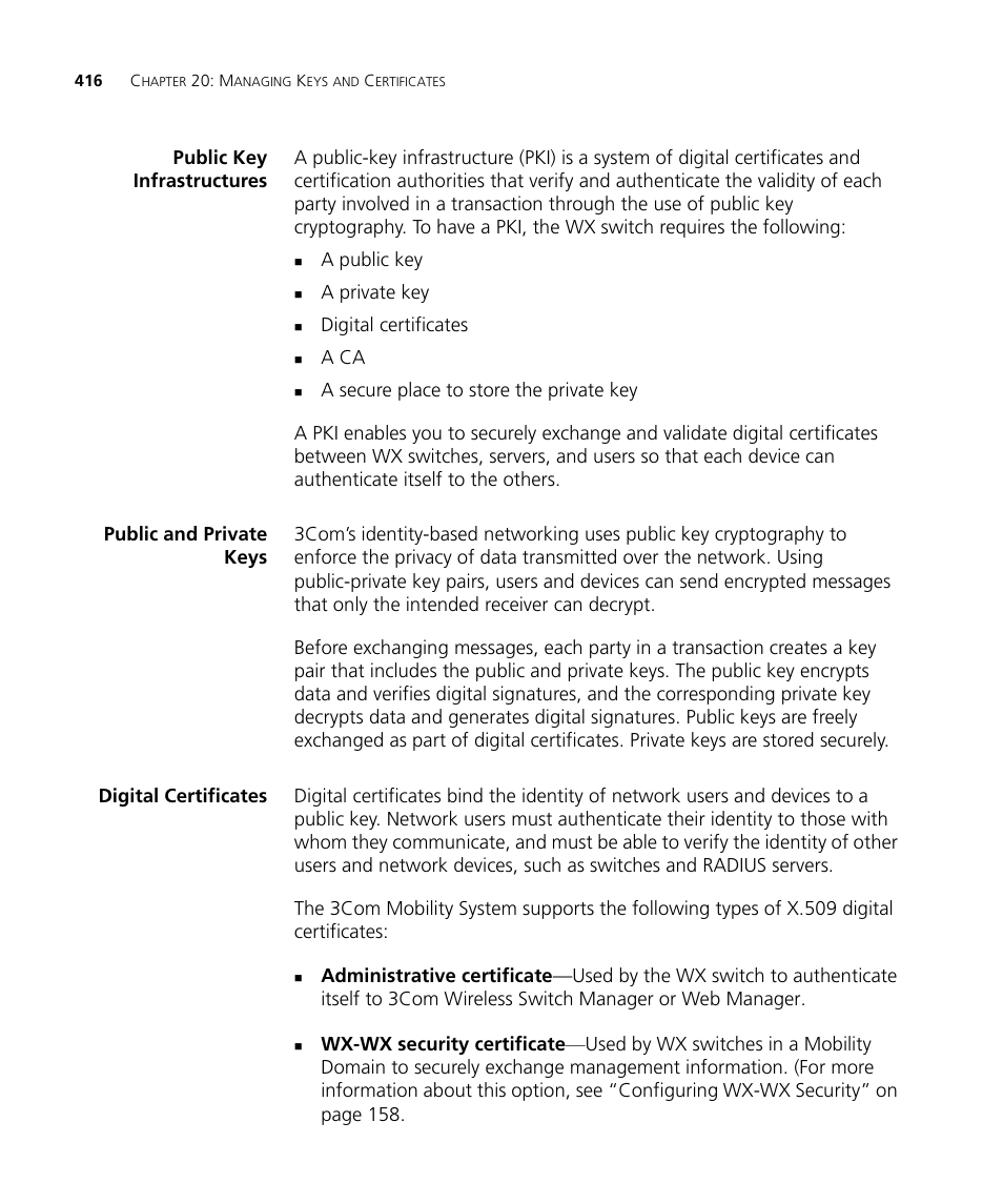 Public key infrastructures, Public and private keys, Digital certificates | 3Com WX4400 3CRWX440095A User Manual | Page 416 / 728