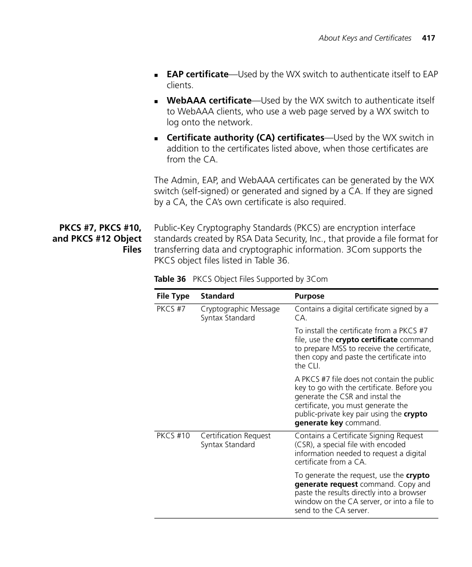 Pkcs #7, pkcs #10, and pkcs #12 object files | 3Com WX4400 3CRWX440095A User Manual | Page 417 / 728