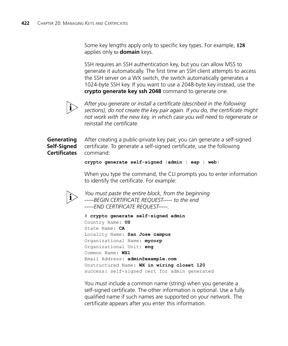 Generating self-signed certificates | 3Com WX4400 3CRWX440095A User Manual | Page 422 / 728