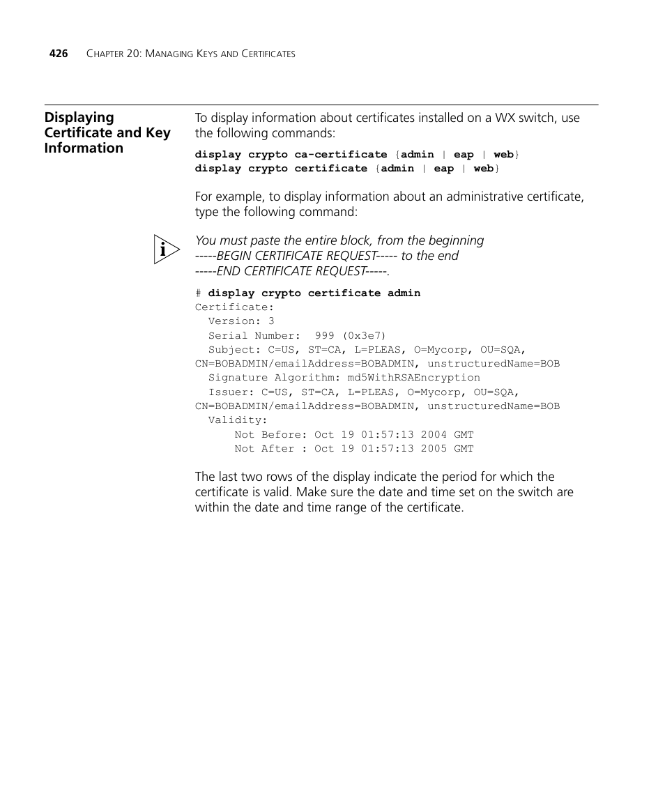 Displaying certificate and key information | 3Com WX4400 3CRWX440095A User Manual | Page 426 / 728
