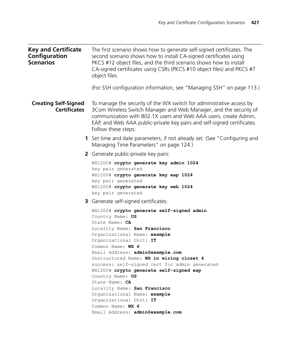 Key and certificate configuration scenarios, Creating self-signed certificates | 3Com WX4400 3CRWX440095A User Manual | Page 427 / 728