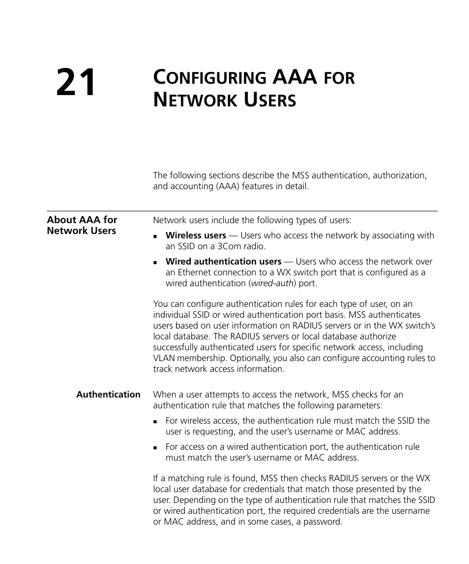 Configuring aaa for network users, About aaa for network users, Authentication | Onfiguring, Etwork, Sers | 3Com WX4400 3CRWX440095A User Manual | Page 433 / 728