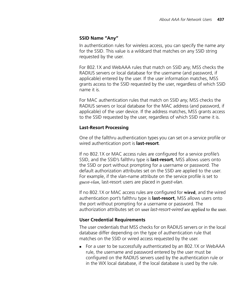 Ssid name “any, Last-resort processing, User credential requirements | 3Com WX4400 3CRWX440095A User Manual | Page 437 / 728