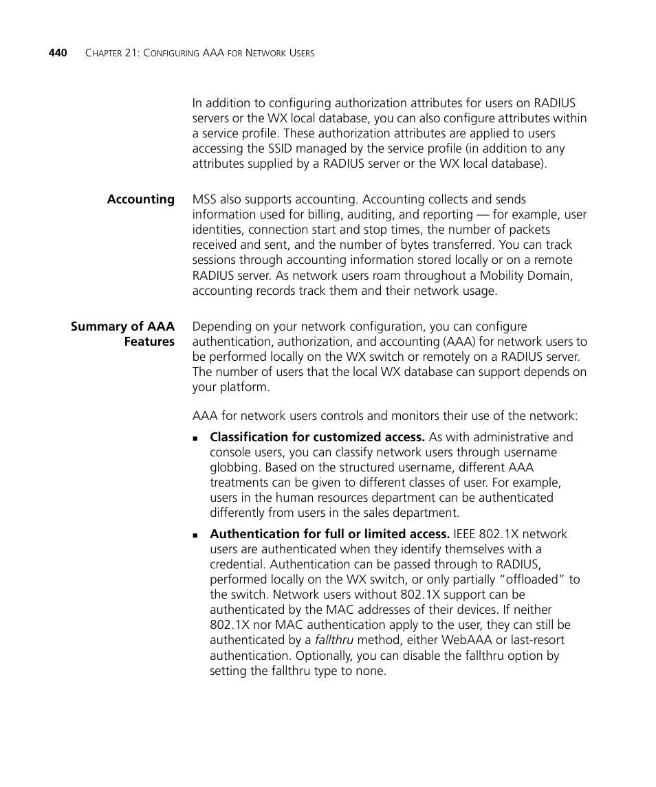 Accounting, Summary of aaa features | 3Com WX4400 3CRWX440095A User Manual | Page 440 / 728