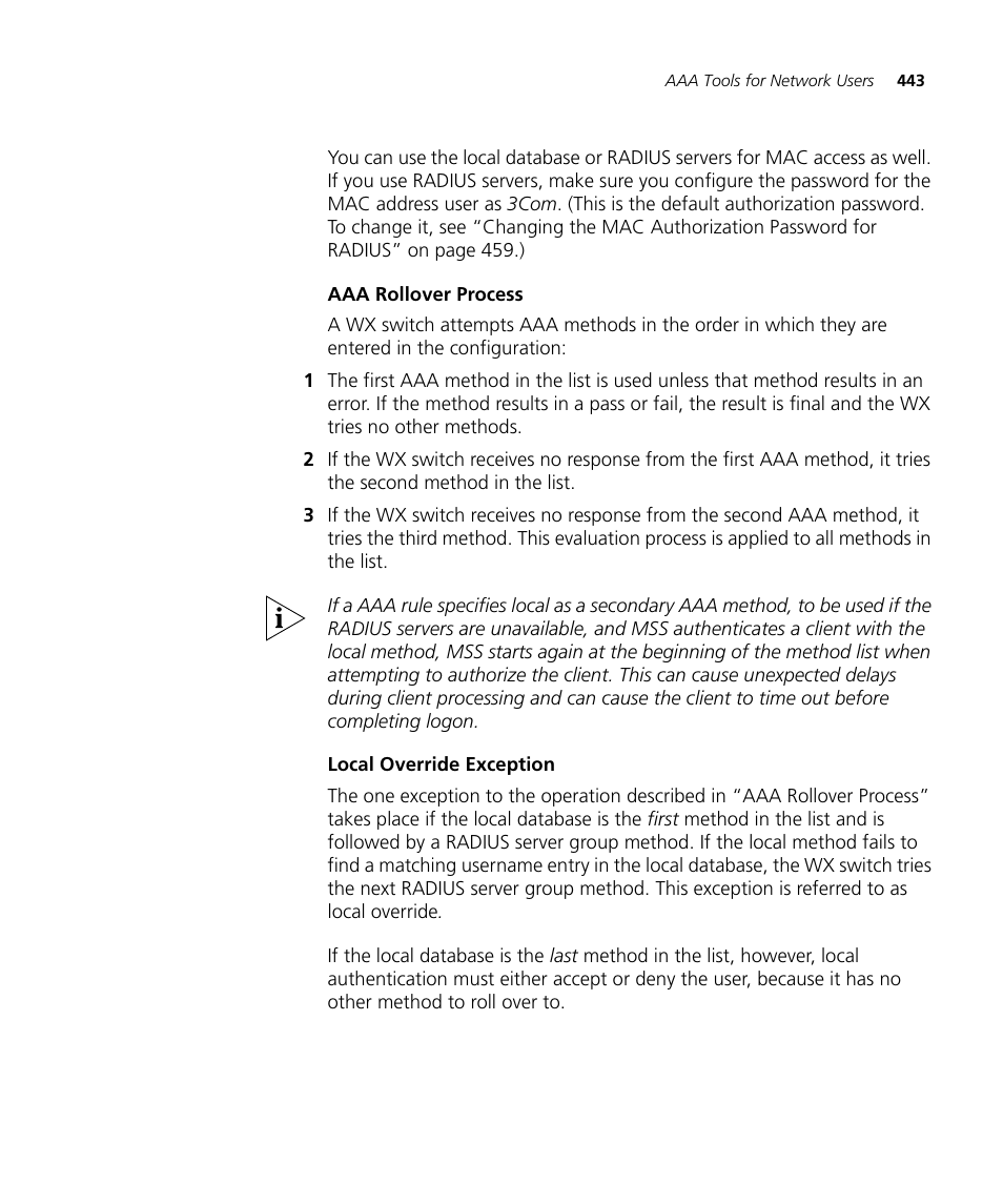 Aaa rollover process, Local override exception | 3Com WX4400 3CRWX440095A User Manual | Page 443 / 728
