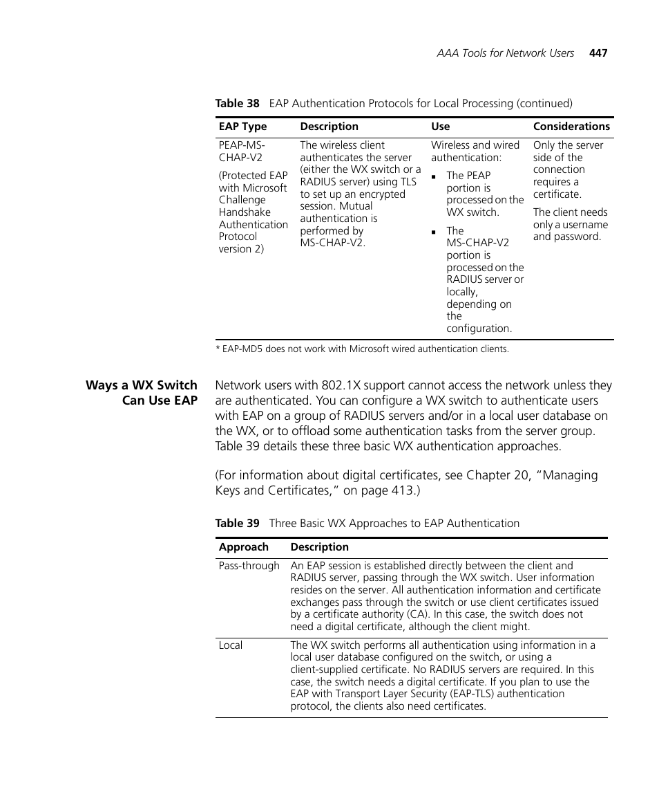 Ways a wx switch can use eap | 3Com WX4400 3CRWX440095A User Manual | Page 447 / 728