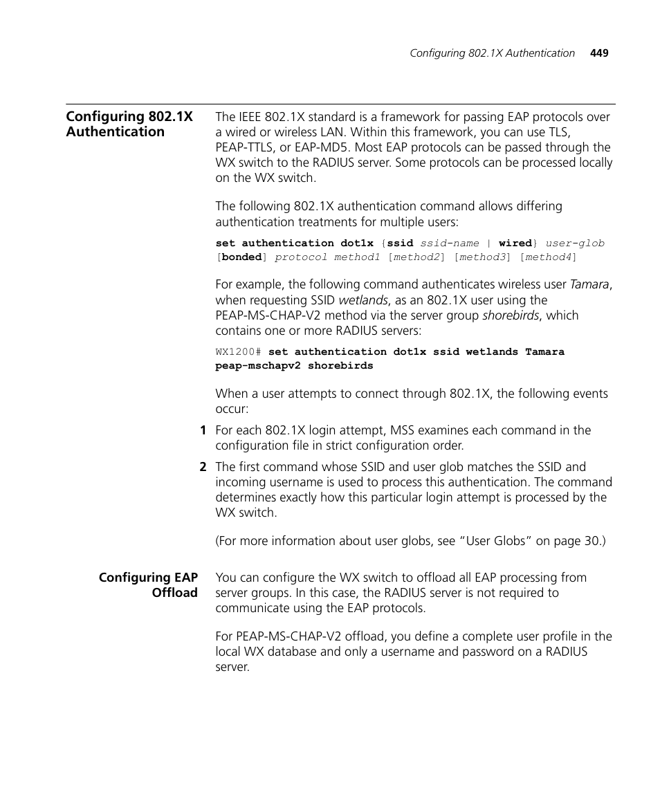 Configuring 802.1x authentication, Configuring eap offload | 3Com WX4400 3CRWX440095A User Manual | Page 449 / 728