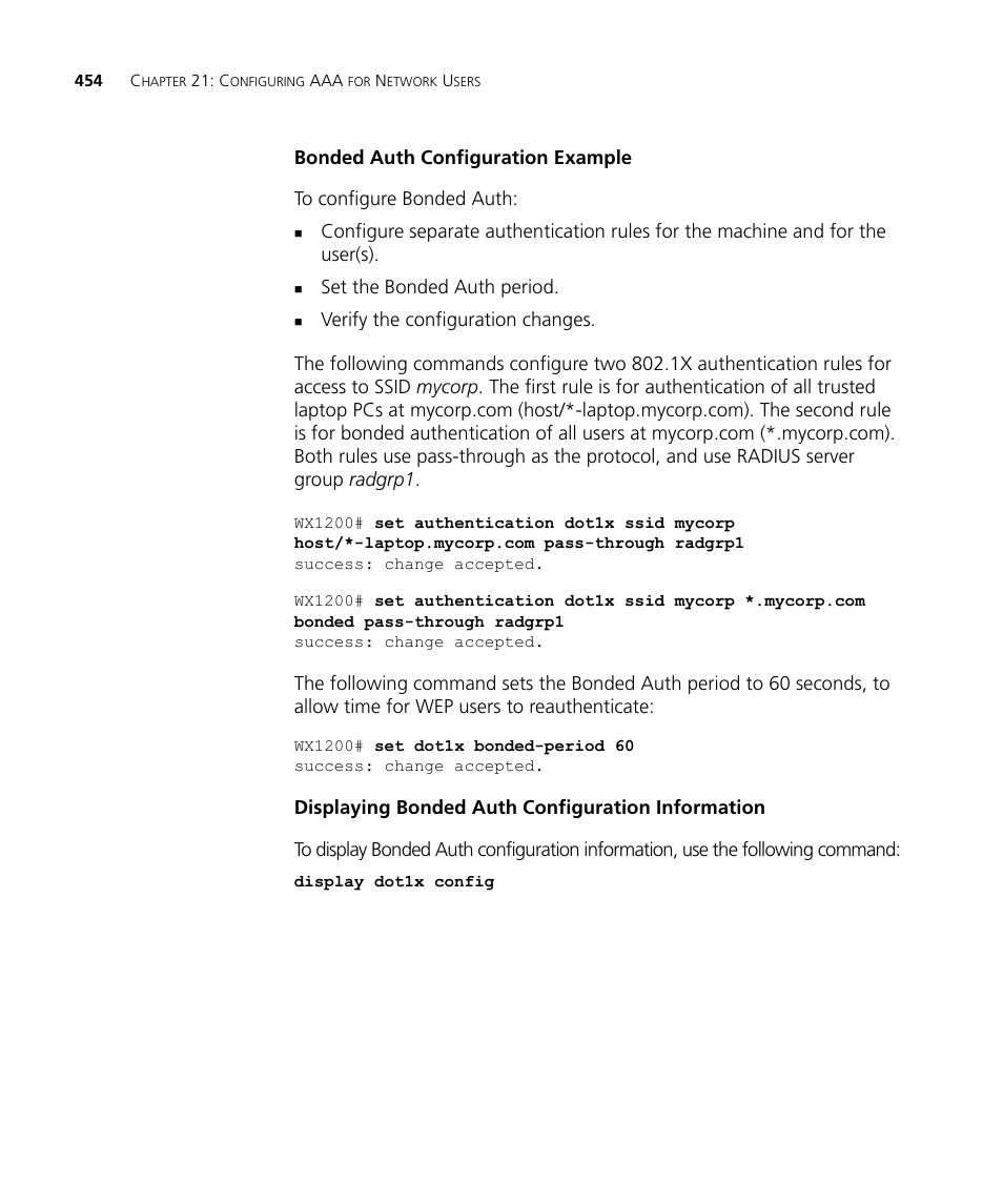 Bonded auth configuration example, Displaying bonded auth configuration information | 3Com WX4400 3CRWX440095A User Manual | Page 454 / 728