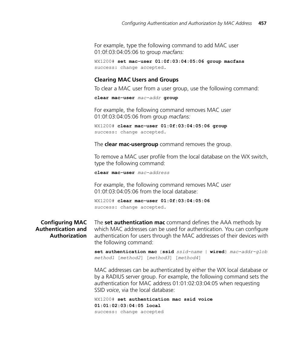 Clearing mac users and groups, Configuring mac authentication and authorization | 3Com WX4400 3CRWX440095A User Manual | Page 457 / 728