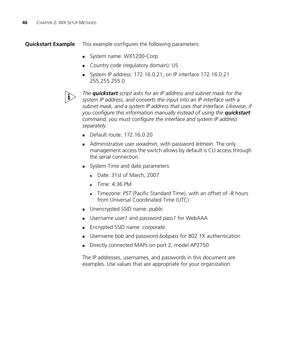 Quickstart example, System name: wx1200-corp, Country code (regulatory domain): us | System time and date parameters, Time: 4:36 pm, Unencrypted ssid name: public, Username user1 and password pass1 for webaaa, Encrypted ssid name: corporate | 3Com WX4400 3CRWX440095A User Manual | Page 46 / 728
