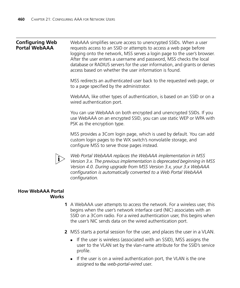 Configuring web portal webaaa, How webaaa portal works | 3Com WX4400 3CRWX440095A User Manual | Page 460 / 728