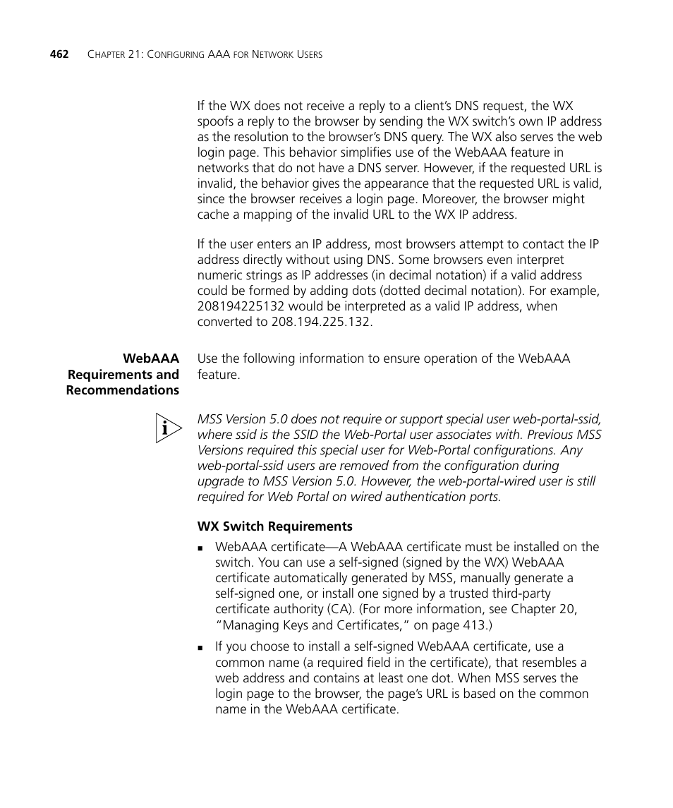 Webaaa requirements and recommendations, Wx switch requirements | 3Com WX4400 3CRWX440095A User Manual | Page 462 / 728