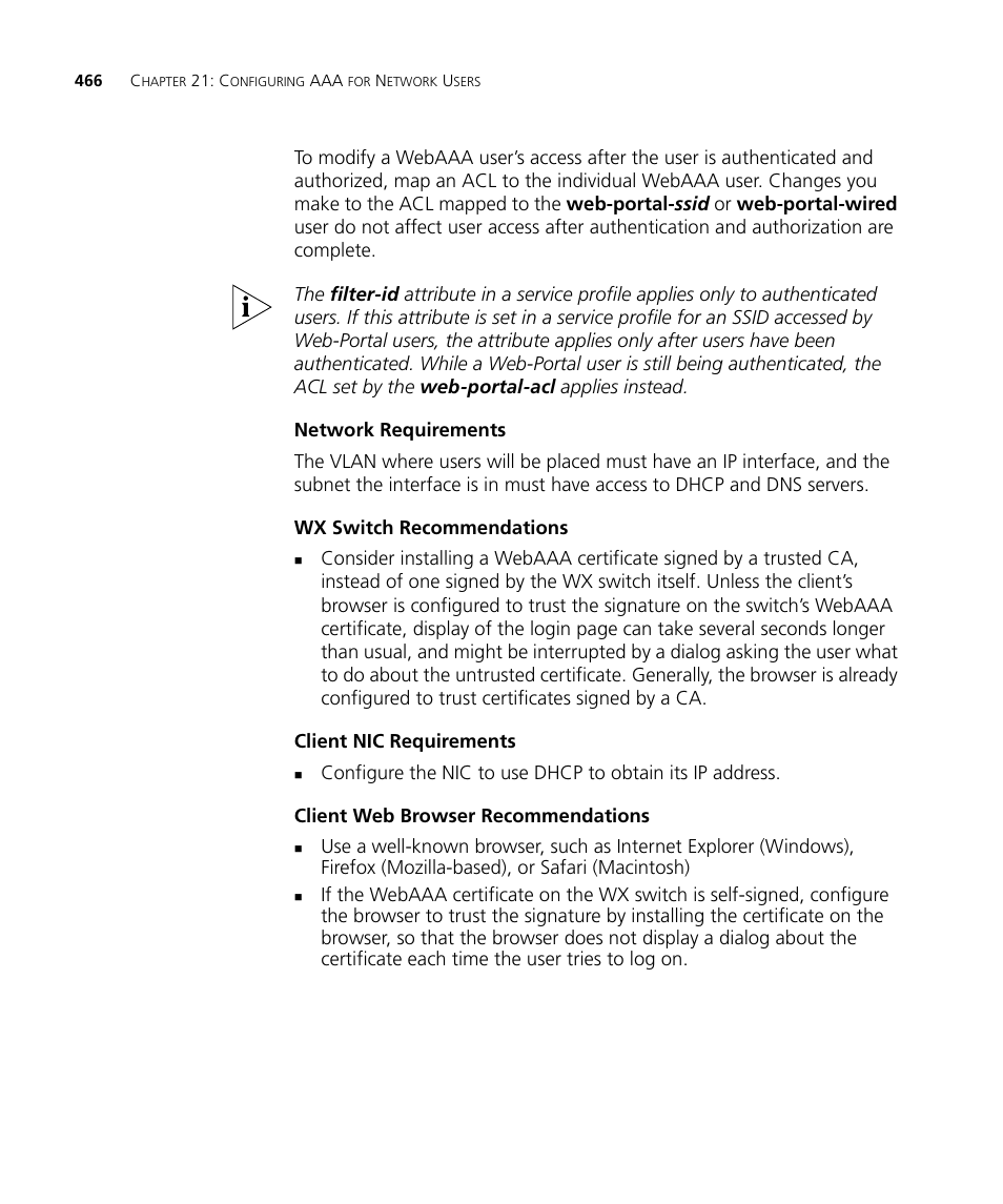 Network requirements, Wx switch recommendations, Client nic requirements | Client web browser recommendations | 3Com WX4400 3CRWX440095A User Manual | Page 466 / 728