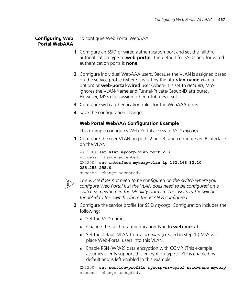 Configuring web portal webaaa, Web portal webaaa configuration example | 3Com WX4400 3CRWX440095A User Manual | Page 467 / 728