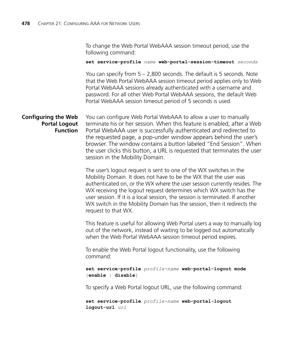 Configuring the web portal logout function | 3Com WX4400 3CRWX440095A User Manual | Page 478 / 728
