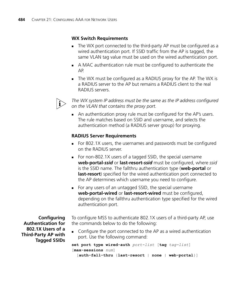 Wx switch requirements, Radius server requirements | 3Com WX4400 3CRWX440095A User Manual | Page 484 / 728