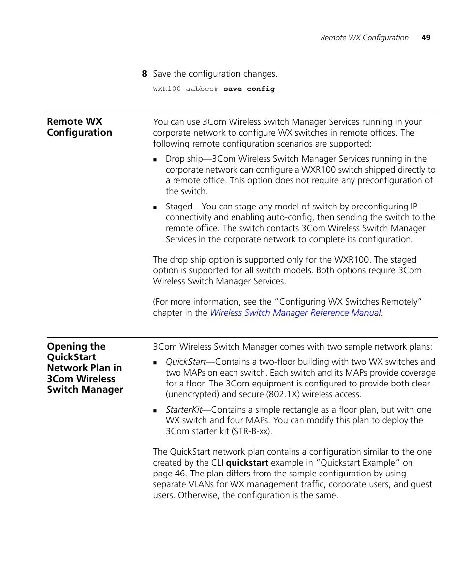 Remote wx configuration | 3Com WX4400 3CRWX440095A User Manual | Page 49 / 728