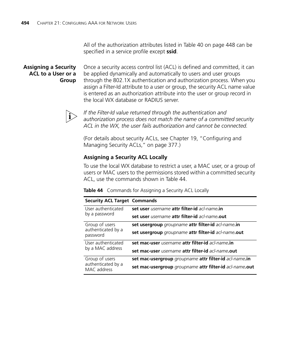 Assigning a security acl to a user or a group, Assigning a security acl locally | 3Com WX4400 3CRWX440095A User Manual | Page 494 / 728