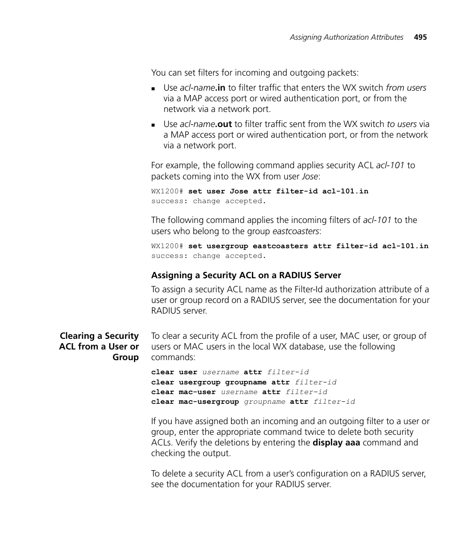 Assigning a security acl on a radius server, Clearing a security acl from a user or group | 3Com WX4400 3CRWX440095A User Manual | Page 495 / 728