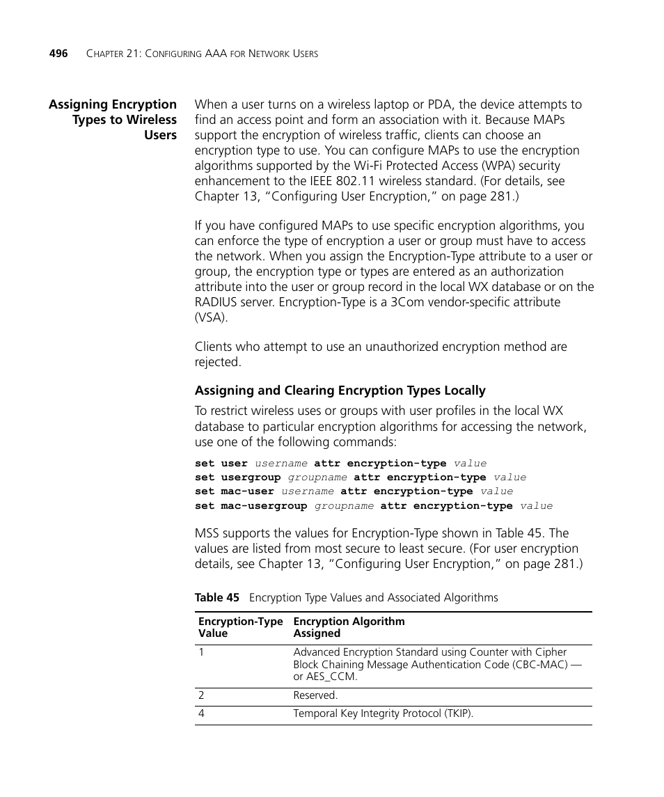 Assigning encryption types to wireless users, Assigning and clearing encryption types locally | 3Com WX4400 3CRWX440095A User Manual | Page 496 / 728