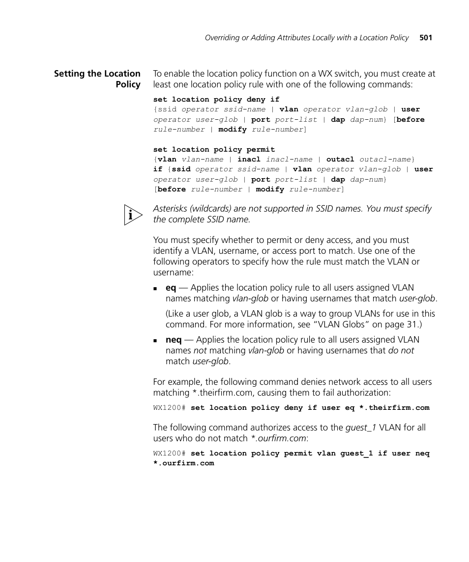 Setting the location policy | 3Com WX4400 3CRWX440095A User Manual | Page 501 / 728