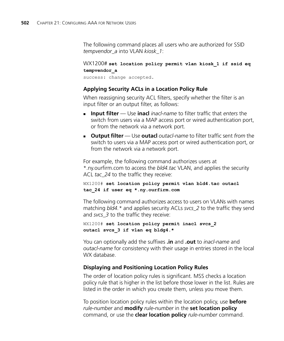 Applying security acls in a location policy rule, Displaying and positioning location policy rules | 3Com WX4400 3CRWX440095A User Manual | Page 502 / 728