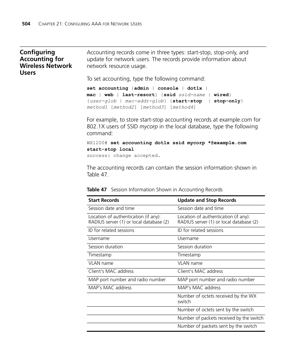 Configuring accounting for wireless network users | 3Com WX4400 3CRWX440095A User Manual | Page 504 / 728