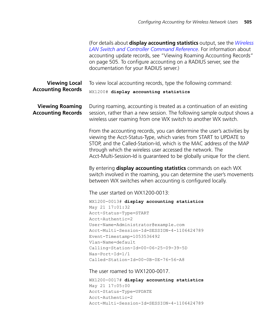 Viewing local accounting records, Viewing roaming accounting records | 3Com WX4400 3CRWX440095A User Manual | Page 505 / 728