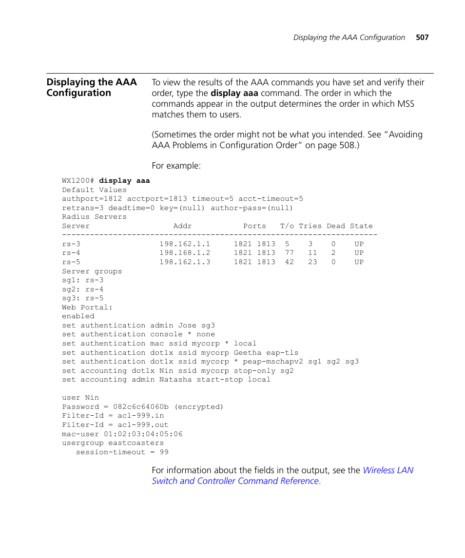 Displaying the aaa configuration | 3Com WX4400 3CRWX440095A User Manual | Page 507 / 728