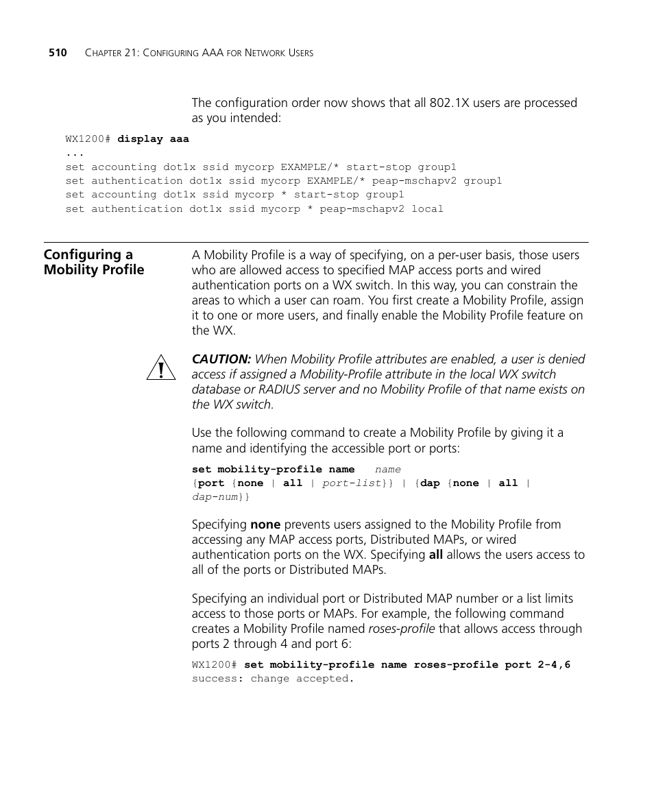 Configuring a mobility profile | 3Com WX4400 3CRWX440095A User Manual | Page 510 / 728