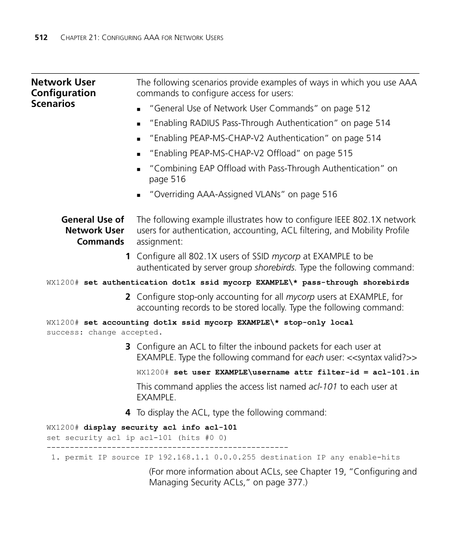 Network user configuration scenarios, General use of network user commands | 3Com WX4400 3CRWX440095A User Manual | Page 512 / 728