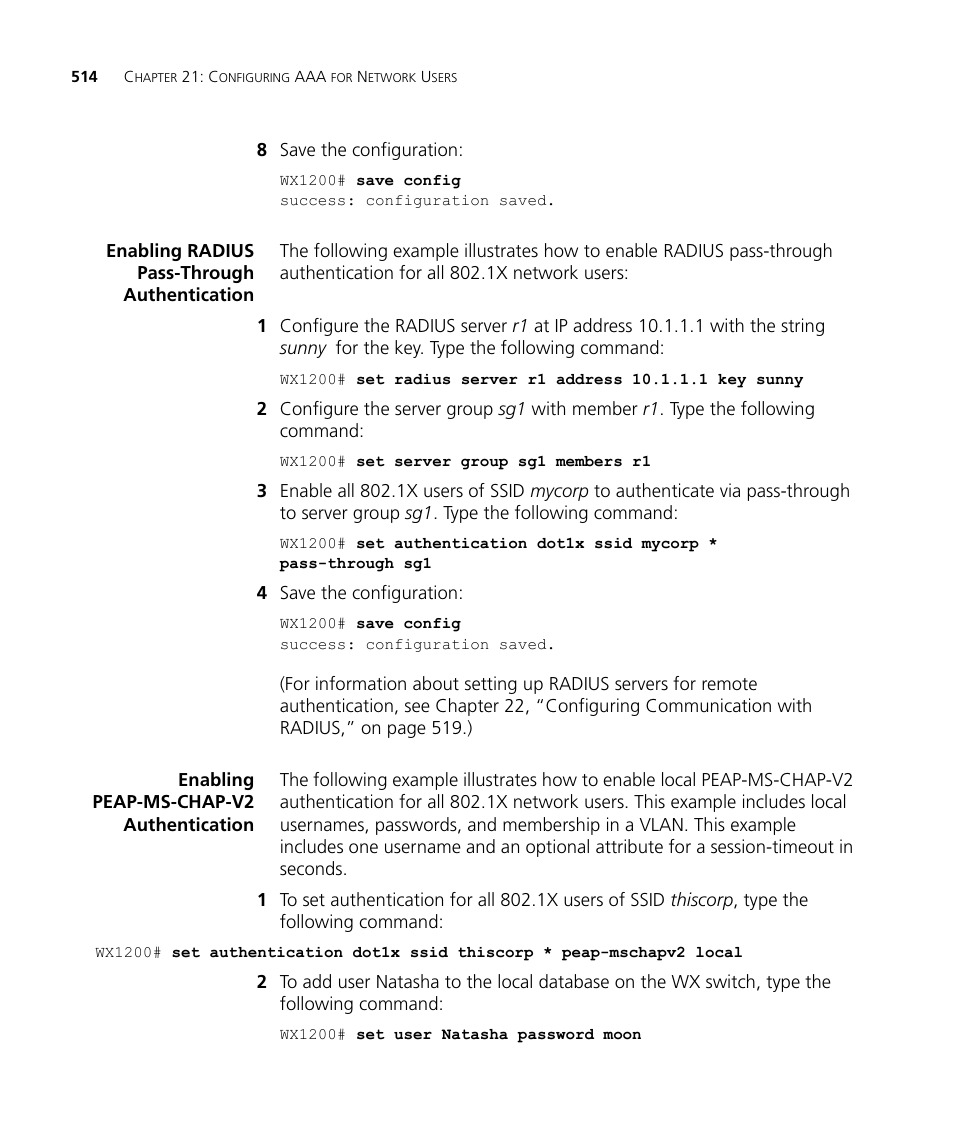 Enabling radius pass-through authentication, Enabling peap-ms-chap-v2 authentication | 3Com WX4400 3CRWX440095A User Manual | Page 514 / 728