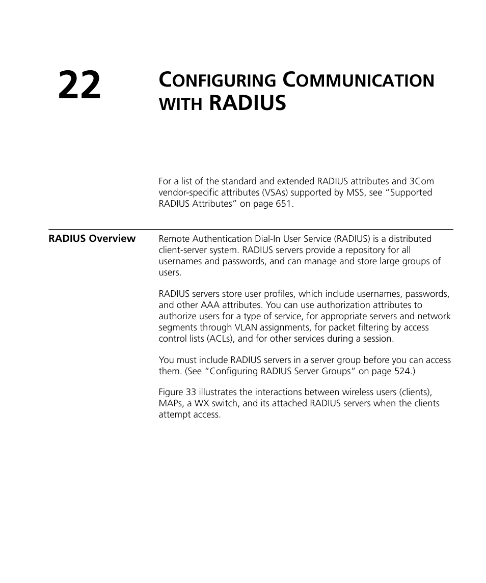 Configuring communication with radius, Radius overview, Onfiguring | Ommunication, With, Radius | 3Com WX4400 3CRWX440095A User Manual | Page 519 / 728