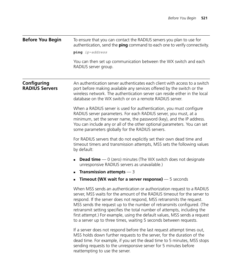 Before you begin, Configuring radius servers | 3Com WX4400 3CRWX440095A User Manual | Page 521 / 728