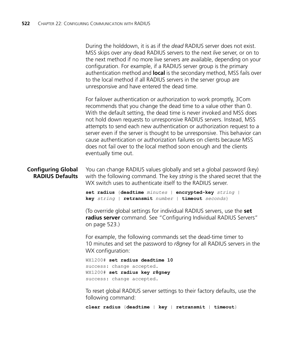 Configuring global radius defaults | 3Com WX4400 3CRWX440095A User Manual | Page 522 / 728