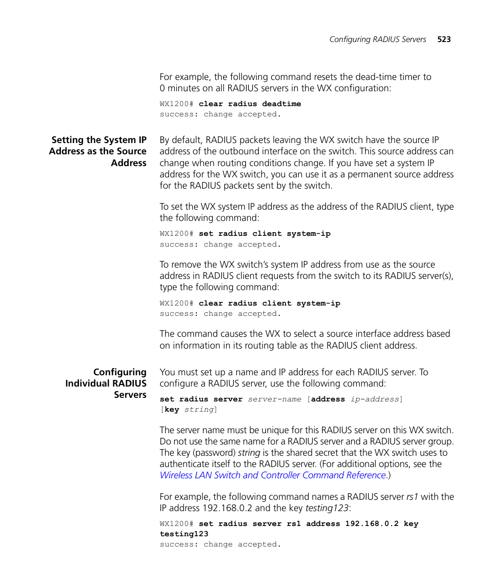 Configuring individual radius servers | 3Com WX4400 3CRWX440095A User Manual | Page 523 / 728