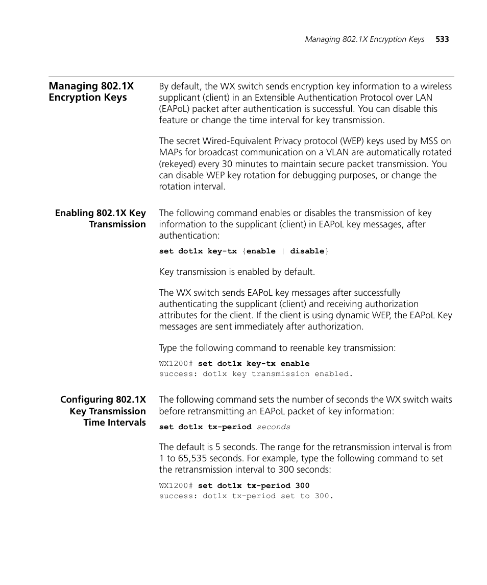 Managing 802.1x encryption keys, Enabling 802.1x key transmission, Configuring 802.1x key transmission time intervals | 3Com WX4400 3CRWX440095A User Manual | Page 533 / 728