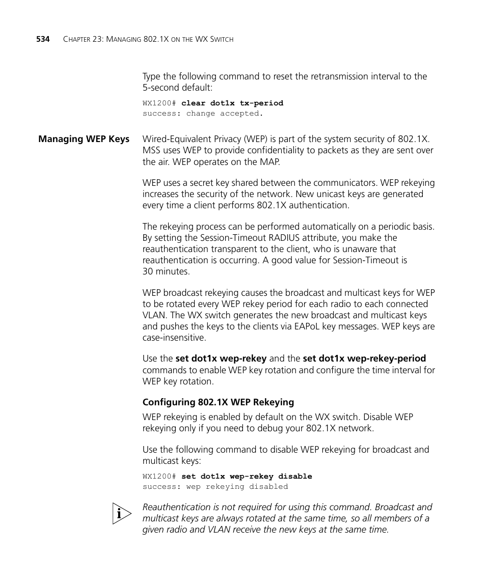 Managing wep keys, Configuring 802.1x wep rekeying | 3Com WX4400 3CRWX440095A User Manual | Page 534 / 728