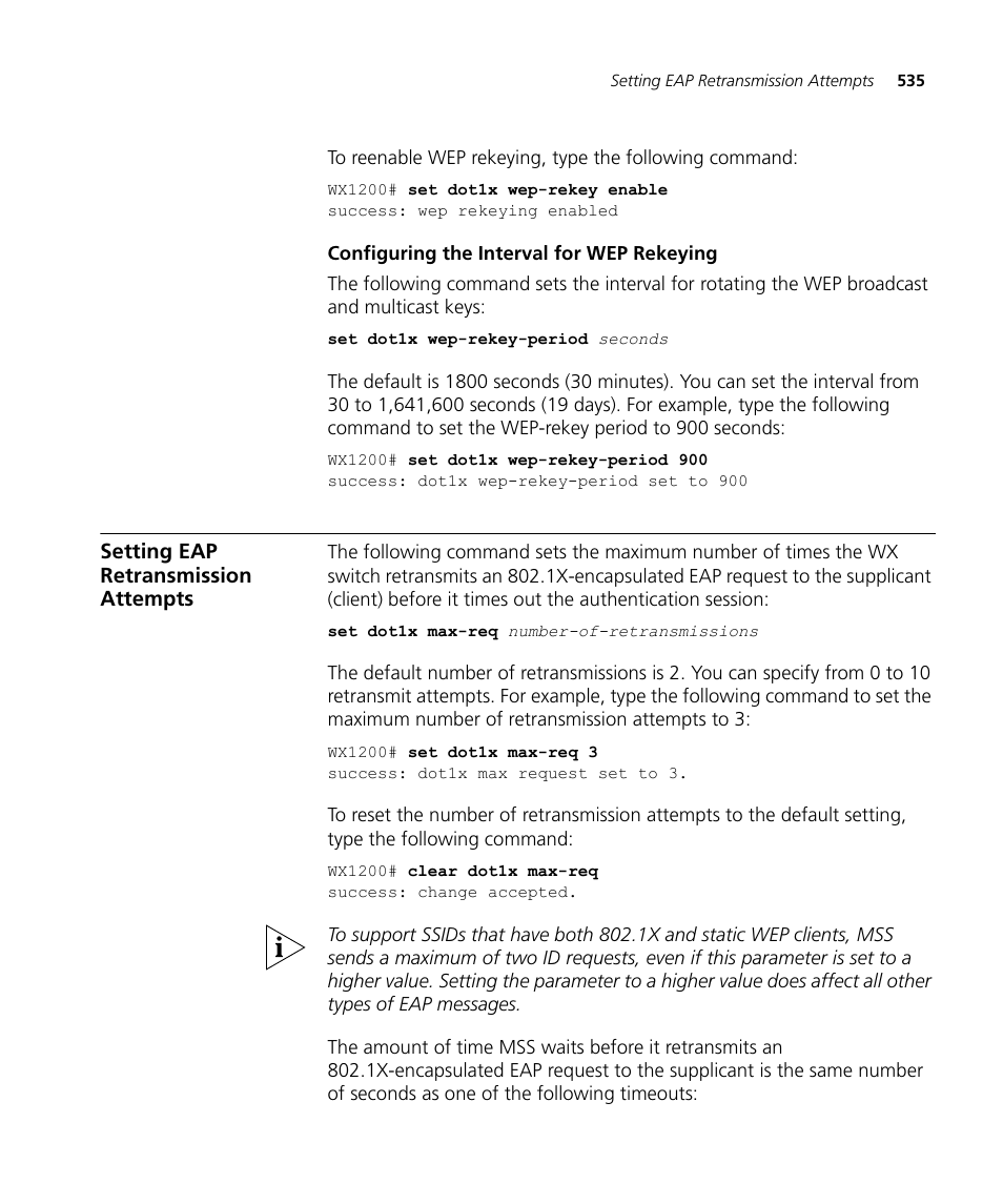 Configuring the interval for wep rekeying, Setting eap retransmission attempts | 3Com WX4400 3CRWX440095A User Manual | Page 535 / 728