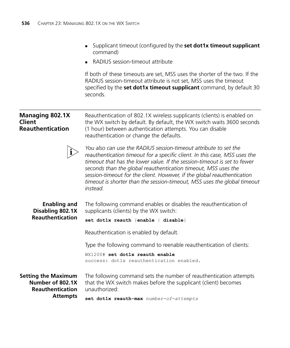 Managing 802.1x client reauthentication, Enabling and disabling 802.1x reauthentication | 3Com WX4400 3CRWX440095A User Manual | Page 536 / 728