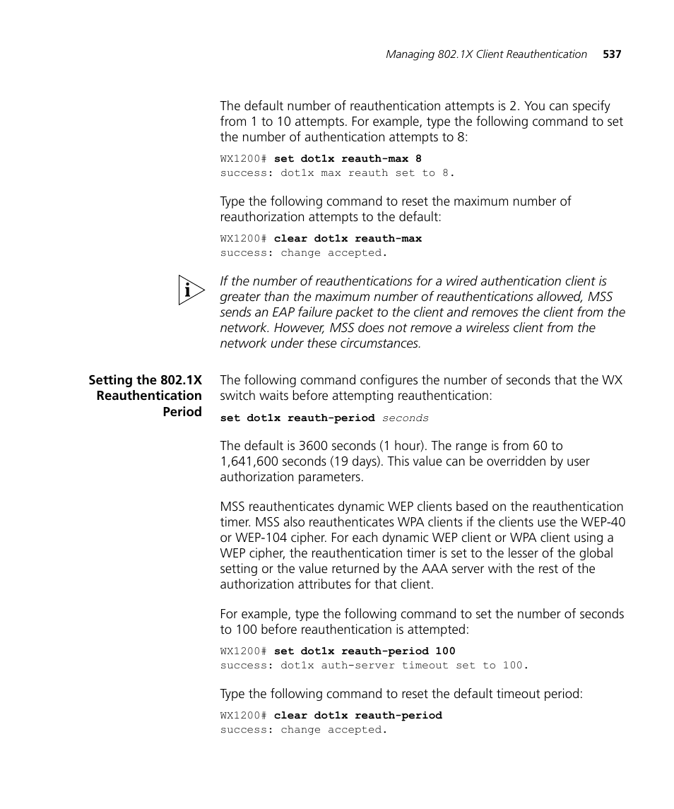 Setting the 802.1x reauthentication period | 3Com WX4400 3CRWX440095A User Manual | Page 537 / 728
