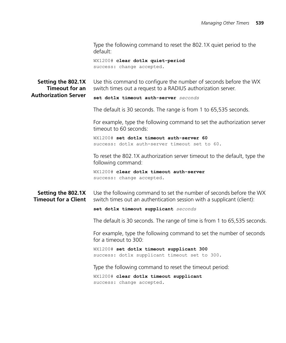 Setting the 802.1x timeout for a client | 3Com WX4400 3CRWX440095A User Manual | Page 539 / 728