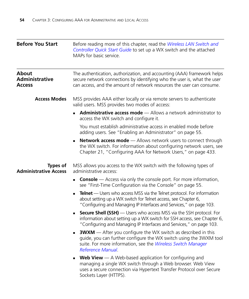 Before you start, About administrative access, Access modes | Types of administrative access | 3Com WX4400 3CRWX440095A User Manual | Page 54 / 728