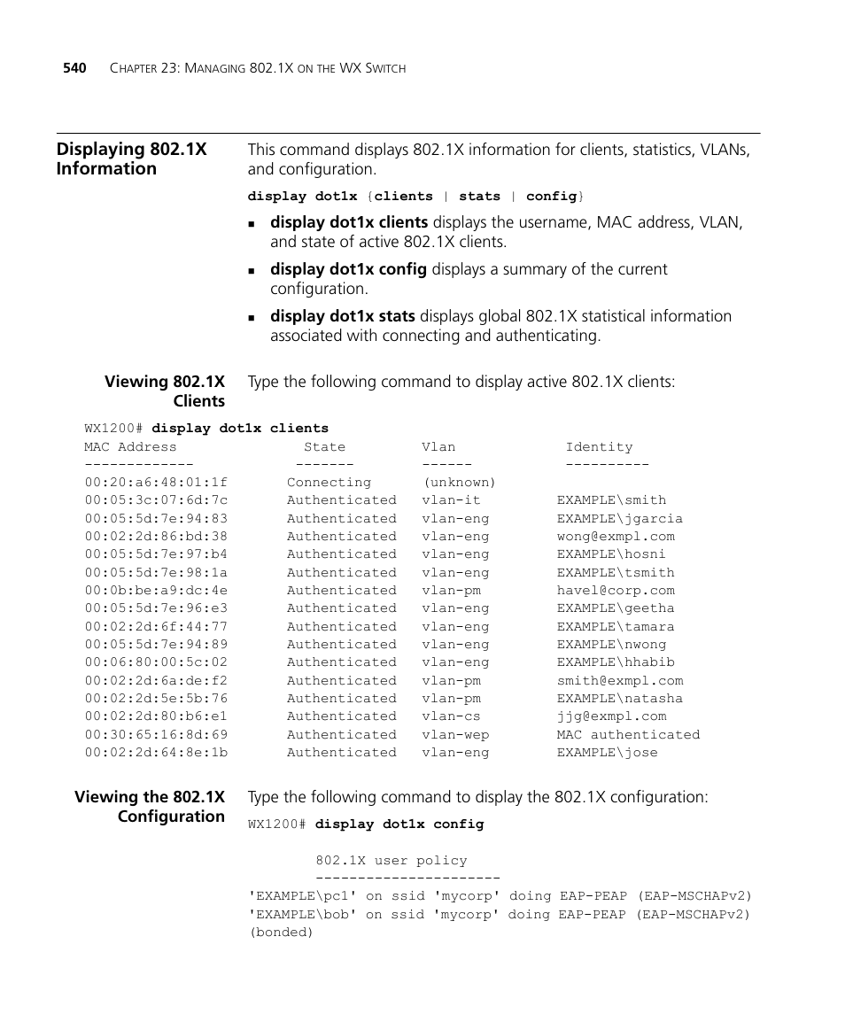 Displaying 802.1x information, Viewing 802.1x clients, Viewing the 802.1x configuration | 3Com WX4400 3CRWX440095A User Manual | Page 540 / 728