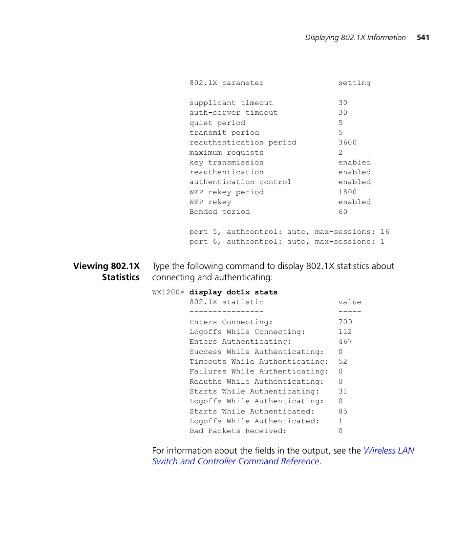 Viewing 802.1x statistics | 3Com WX4400 3CRWX440095A User Manual | Page 541 / 728