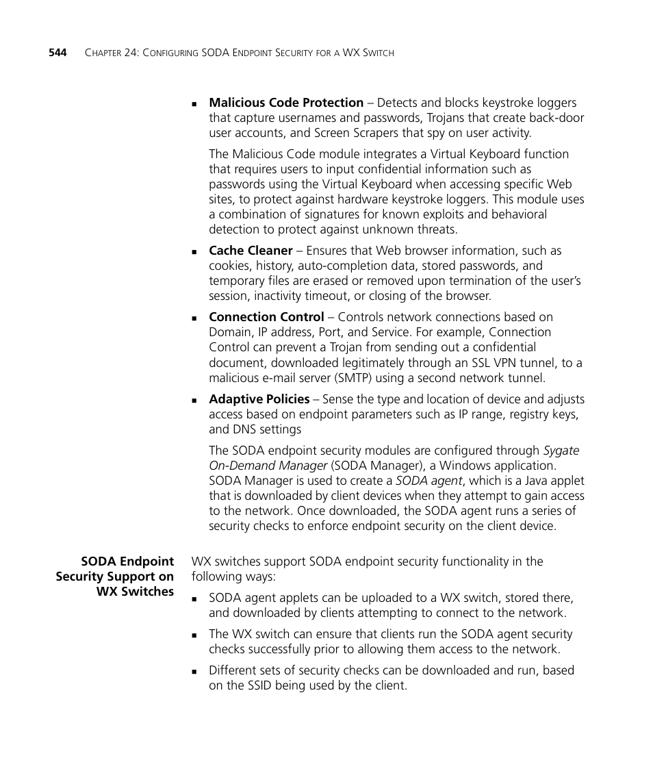 Soda endpoint security support on wx switches | 3Com WX4400 3CRWX440095A User Manual | Page 544 / 728
