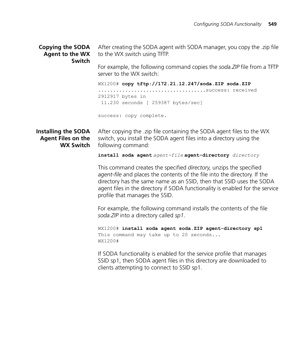 Copying the soda agent to the wx switch, Installing the soda agent files on the wx switch, E “copying the soda agent | 3Com WX4400 3CRWX440095A User Manual | Page 549 / 728