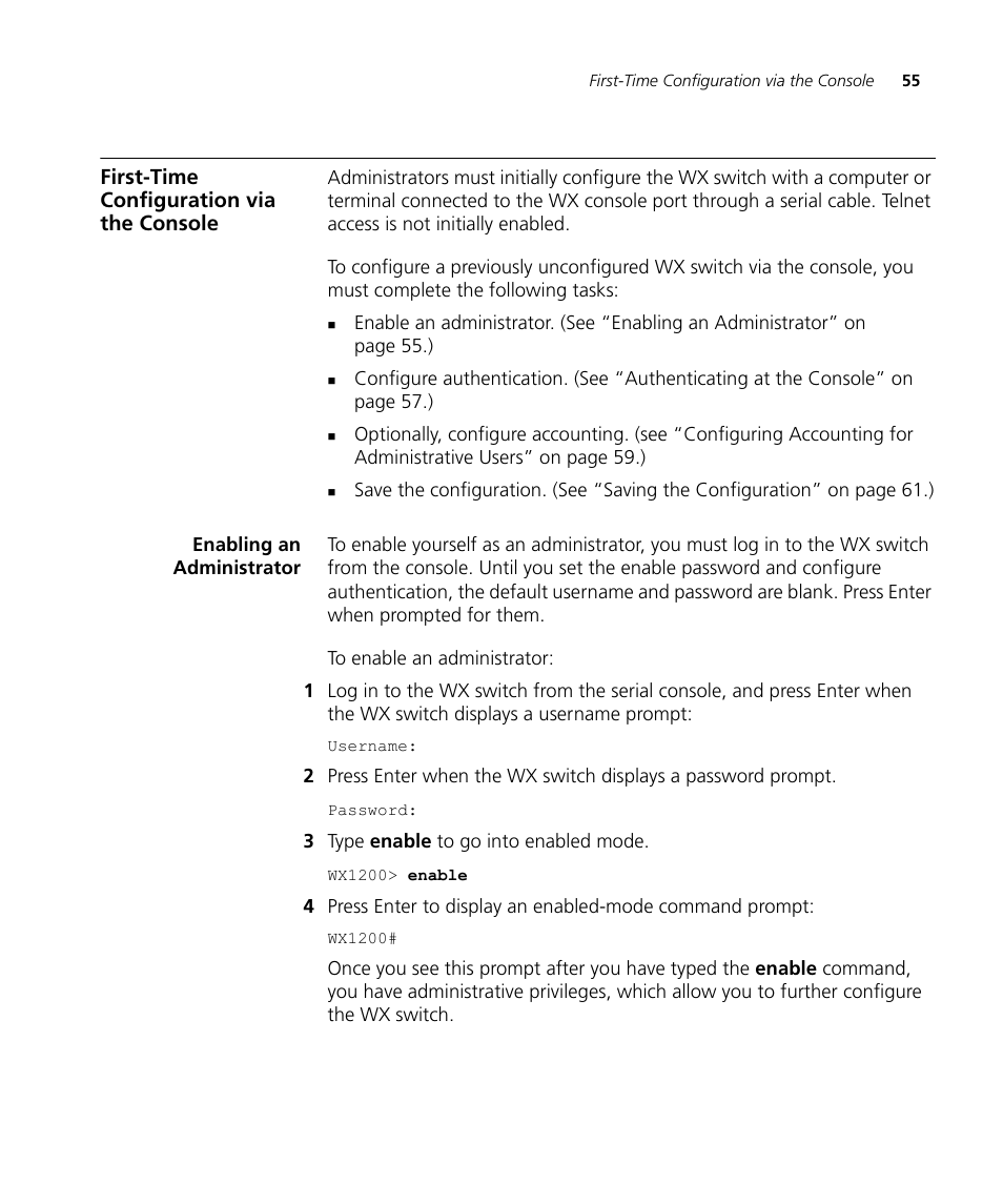 First-time configuration via the console, Enabling an administrator | 3Com WX4400 3CRWX440095A User Manual | Page 55 / 728