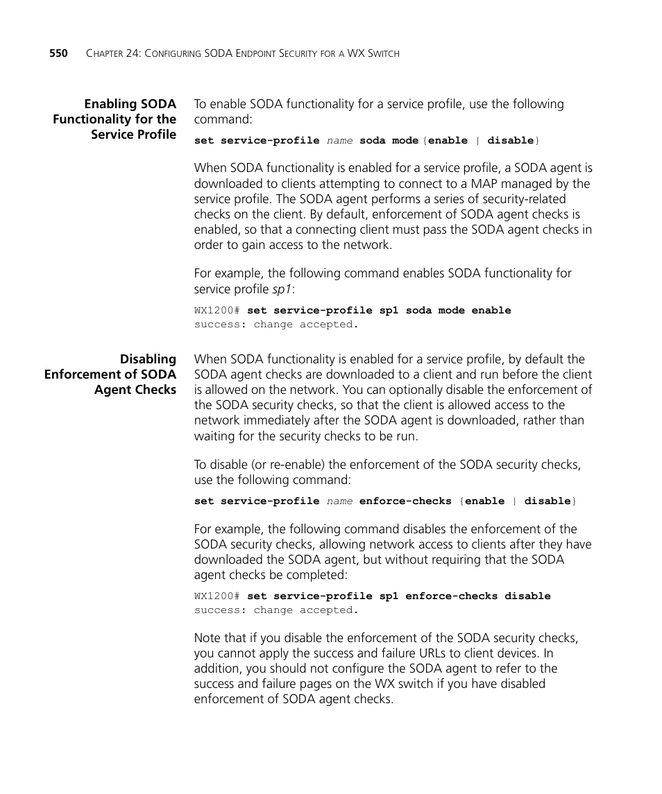 Disabling enforcement of soda agent checks, Ile. see “enabling soda | 3Com WX4400 3CRWX440095A User Manual | Page 550 / 728