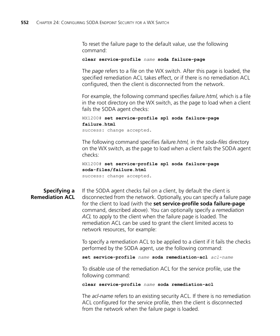 Specifying a remediation acl | 3Com WX4400 3CRWX440095A User Manual | Page 552 / 728